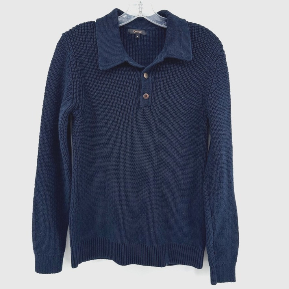 Quince Men's Navy Blue Organic Cotton Ribbed Knit Pullover Sweater SMALL